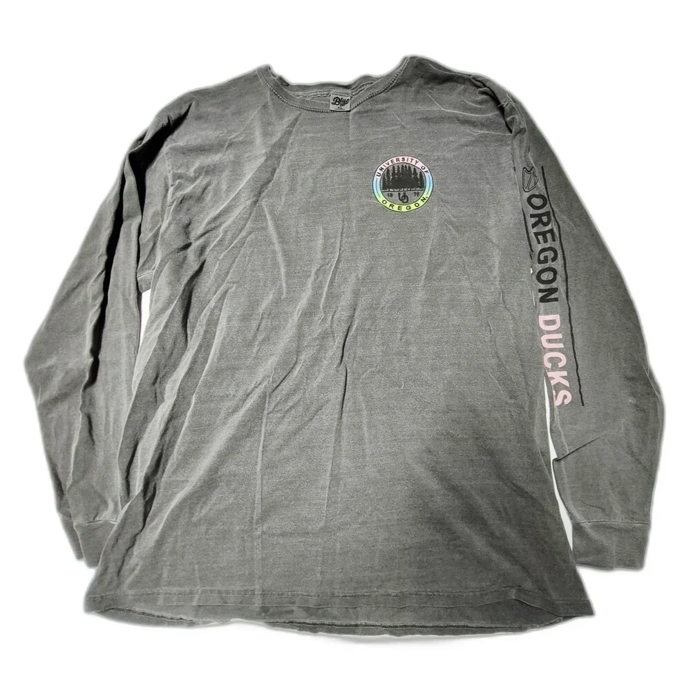 University of Oregon Ducks Long Sleeve T-Shirt Grey Vintage Wash Blue 84 XL EUC